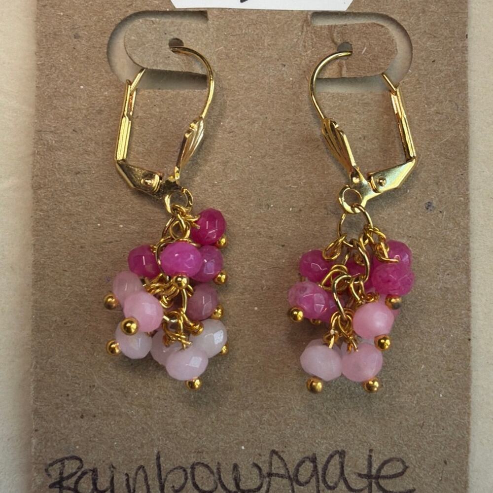 Rainbow Agate Cascade Earrings, Pink, 18K Gold Plated, Wire Wrapped, Artisan